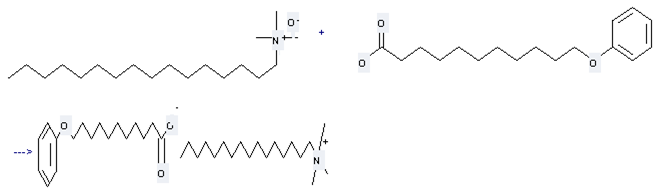 The Undecanoic acid,11-phenoxy- can react with Hexadecyl-trimethyl-ammonium; hydroxide to get Hexadecyl-trimethyl-ammonium; 11-phenoxy-undecanoate